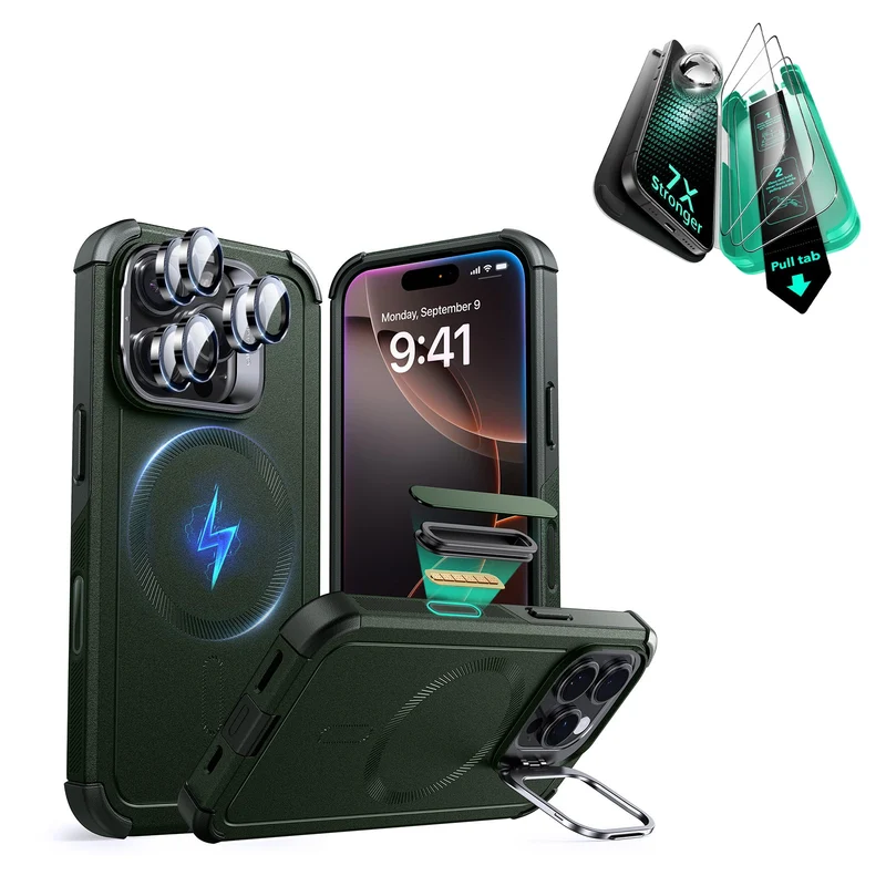 iPhone 16 Pro Max Cyber Tough Magnetic Case Protection Bundle (Camera Control, Stash Stand) - Army Green