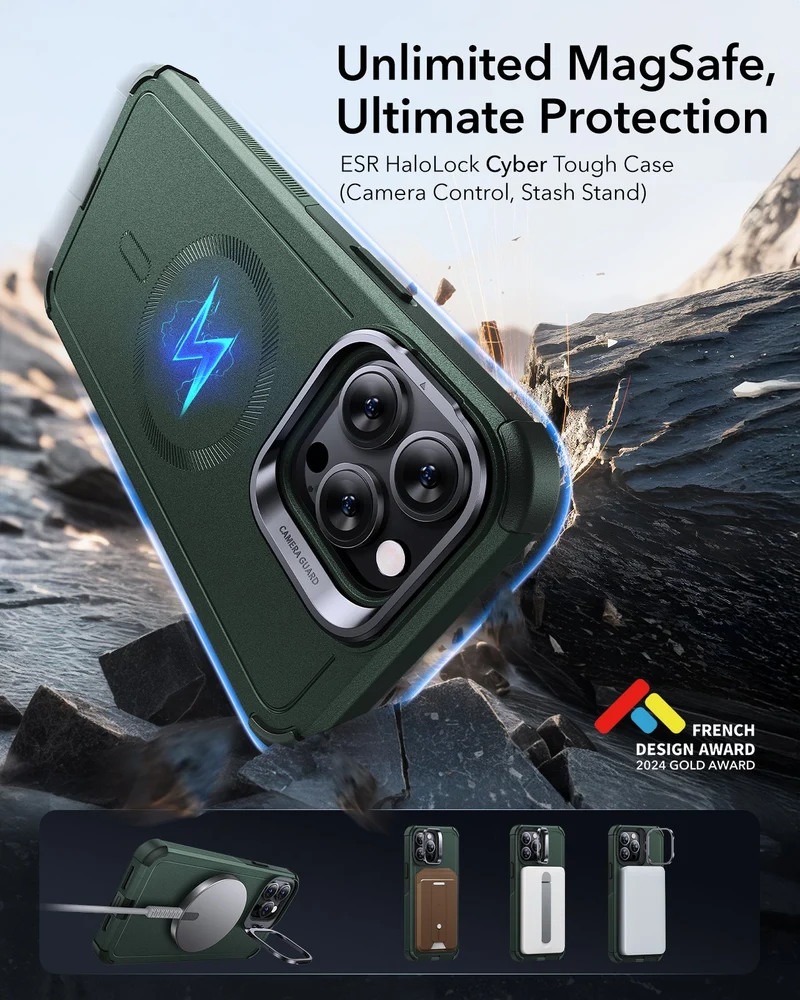 iPhone 13 Pro Cyber Tough Magnetic Case (Stash Stand) - Green
