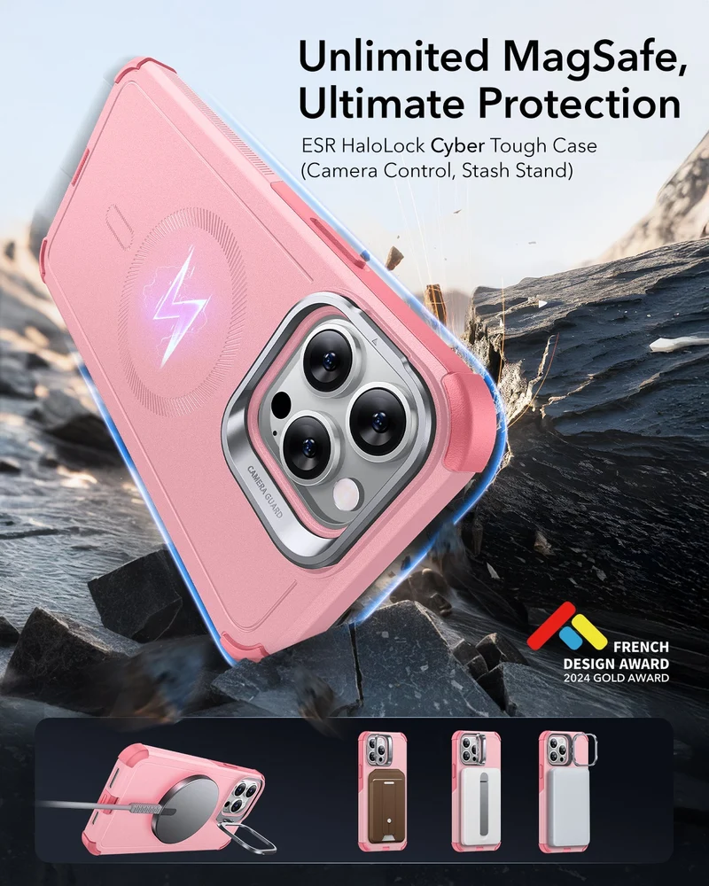 iPhone 13 Pro Max Cyber Tough Magnetic Case (Stash Stand) - Pink