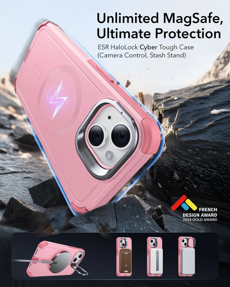 iPhone 14/13 Cyber Tough Magnetic Case (Stash Stand) - Pink
