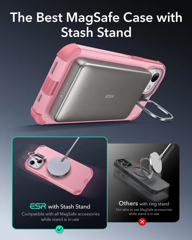 iPhone 14/13 Cyber Tough Magnetic Case (Stash Stand) - Pink