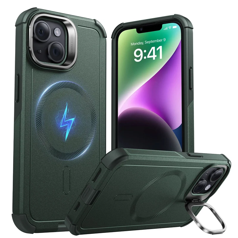 iPhone 14/13 Cyber Tough Magnetic Case (Stash Stand) - Green