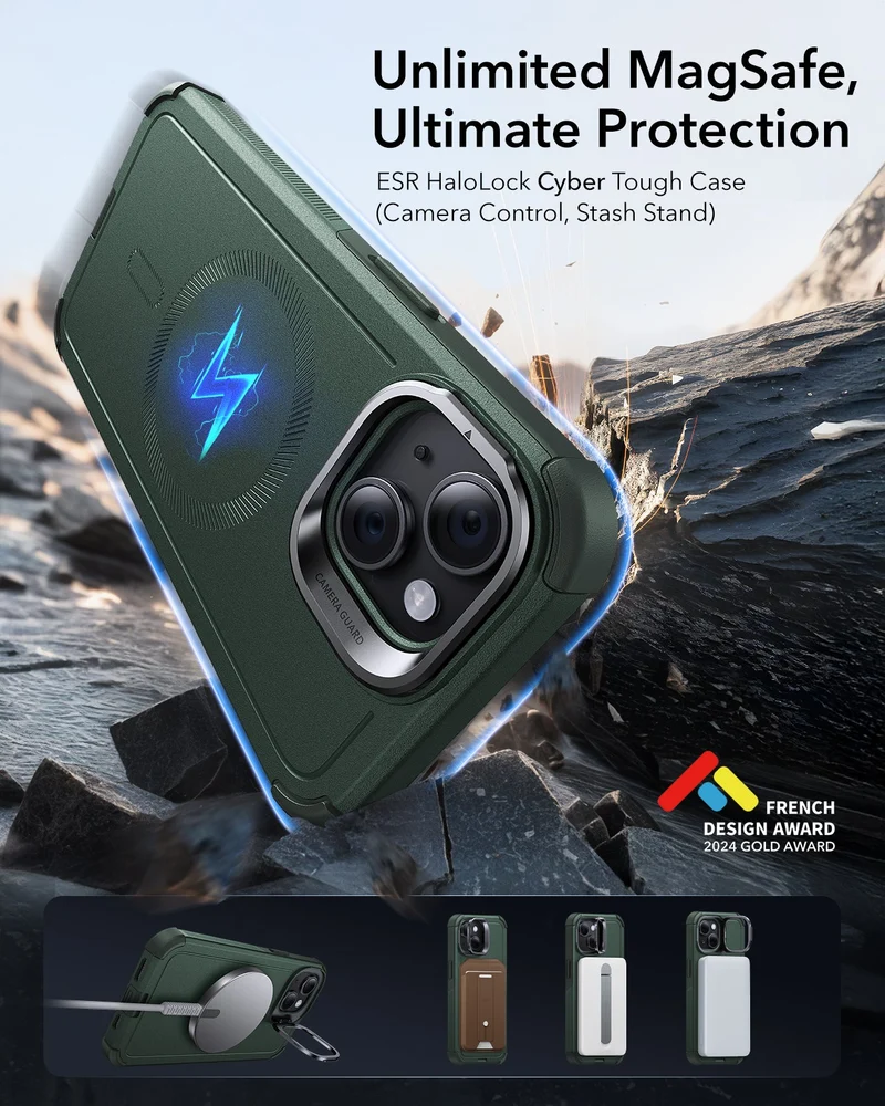 iPhone 14/13 Cyber Tough Magnetic Case (Stash Stand) - Green