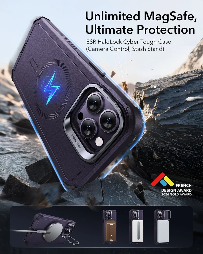 iPhone 14 Pro Cyber Tough Magnetic Case (Stash Stand) - Purple