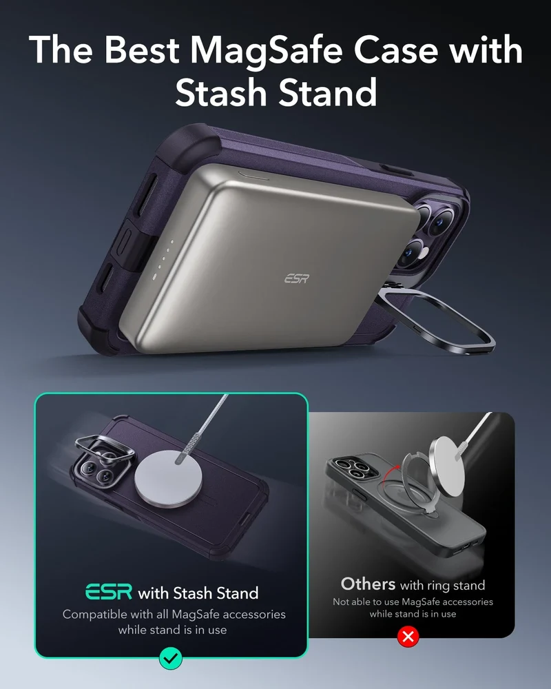 iPhone 14 Pro Cyber Tough Magnetic Case (Stash Stand) - Purple