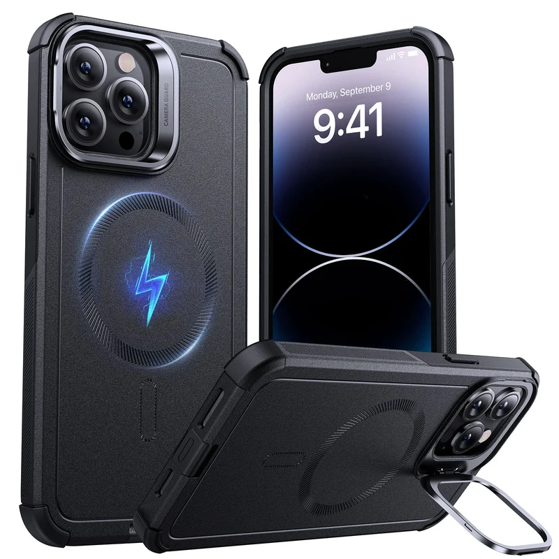 iPhone 14 Pro Cyber Tough Magnetic Case (Stash Stand) - Black