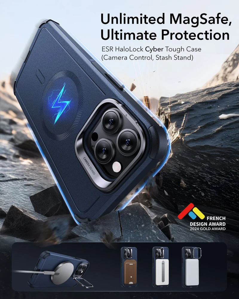 iPhone 14 Pro Max Cyber Tough Magnetic Case (Stash Stand) - Dark Blue