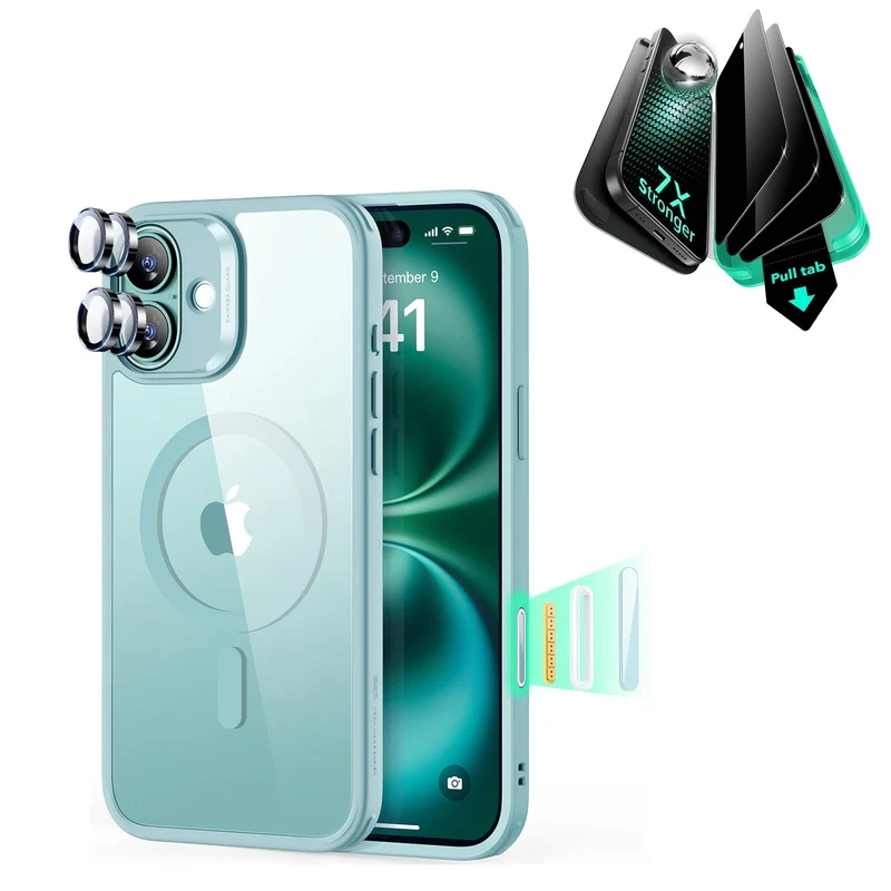 iPhone 16 Classic Hybrid Magnetic Case (Camera Control) & Privacy Screen Protector Bundle - Clear Green