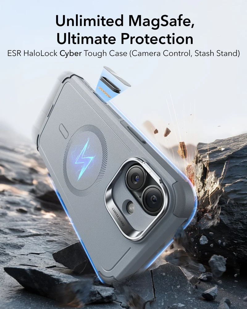 iPhone 16 Cyber Tough Magnetic Case (Camera Control, Stash Stand) - Light Grey