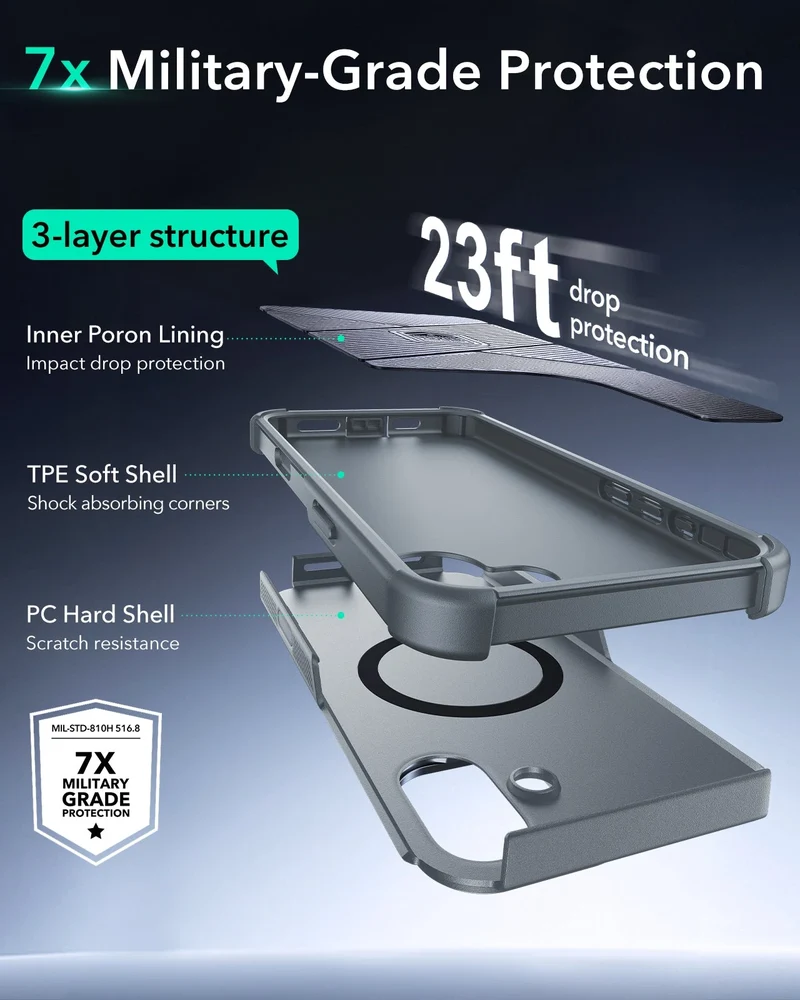 iPhone 16 Cyber Tough Magnetic Case (Camera Control, Stash Stand) - Light Grey