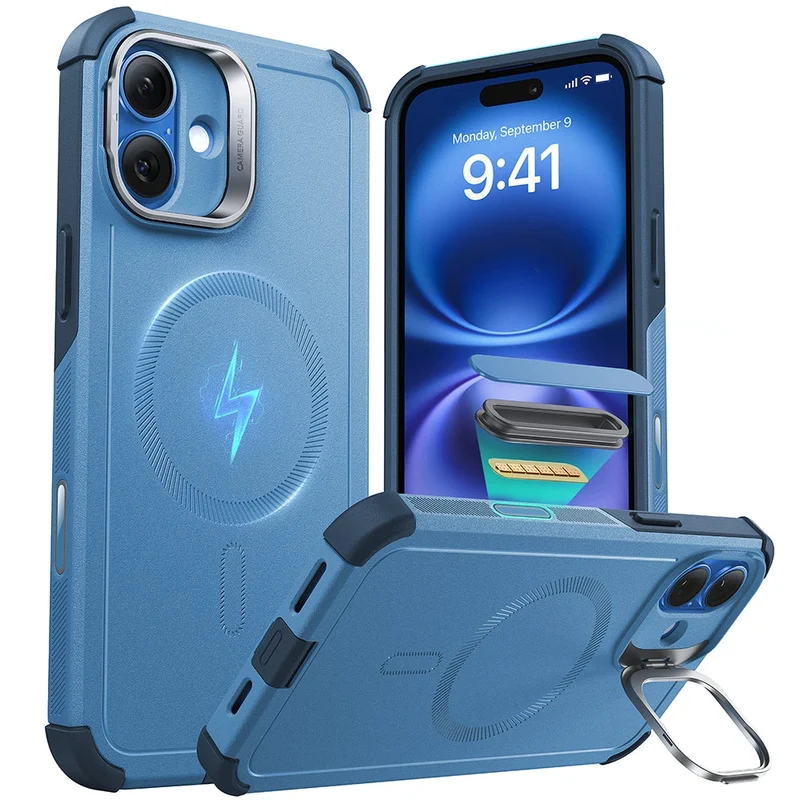 iPhone 16 Plus Cyber Tough Magnetic Case (Camera Control, Stash Stand) - Light Blue