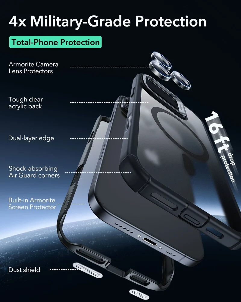 iPhone 16 Pro Armor Tough Magnetic Case (Camera Control, Stash Stand) - Frosted Black