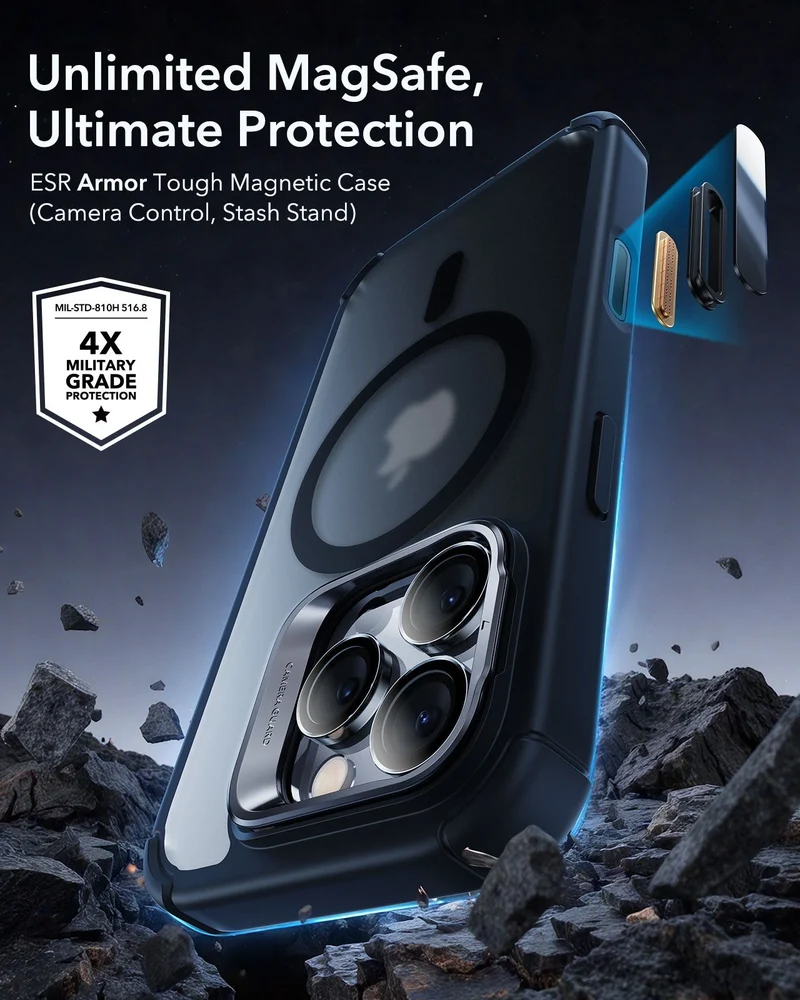 iPhone 16 Pro Max Armor Tough Magnetic Case (Camera Control, Stash Stand) - Frosted Black