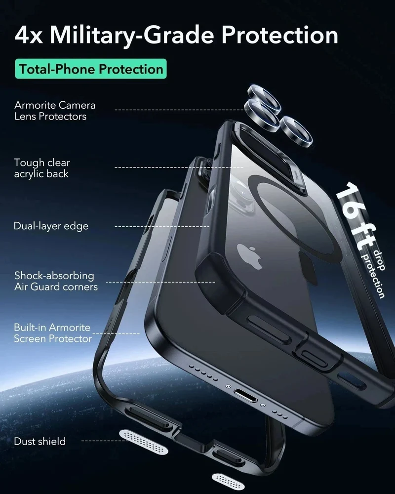 iPhone 16 Pro Max Armor Tough Magnetic Case (Camera Control, Stash Stand) - Clear Black
