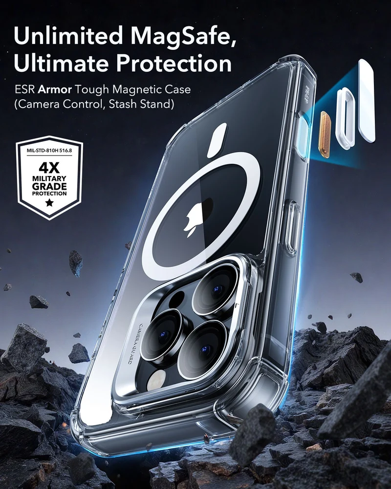 iPhone 16 Pro Armor Tough Magnetic Case (Camera Control, Stash Stand) - Clear