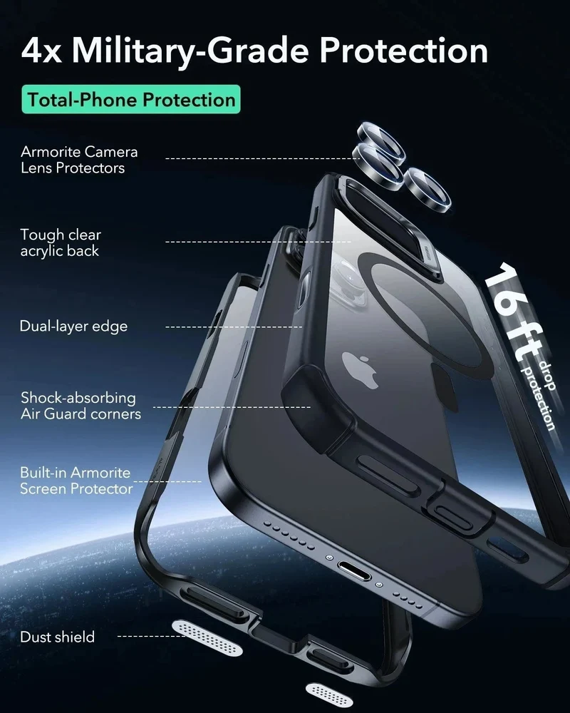 iPhone 16 Pro Armor Tough Magnetic Case (Camera Control, Stash Stand) - Clear Black