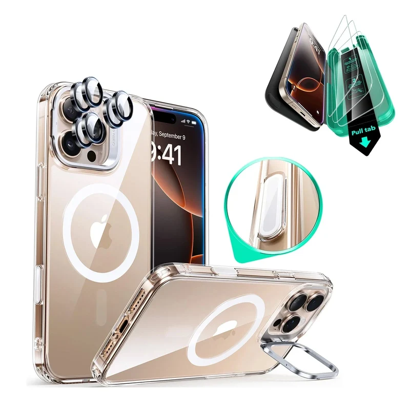 iPhone 16 Pro Max Classic Hybrid Magnetic Case Protection Bundle (Camera Control, Stash Stand) - Clear