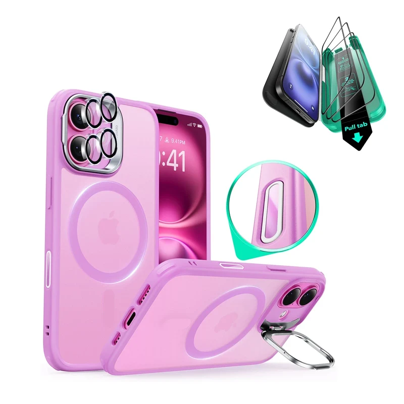 iPhone 16 Plus Classic Hybrid Magnetic Case Protection Bundle (Camera Control, Stash Stand) - Frosted Pink