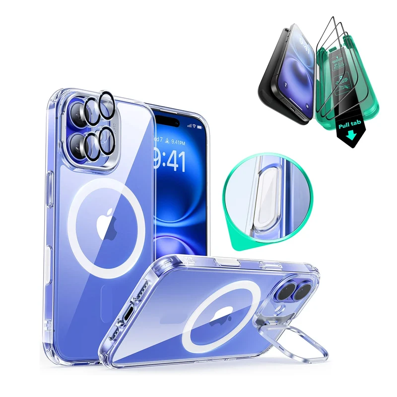 iPhone 16 Classic Hybrid Magnetic Case Protection Bundle (Camera Control, Stash Stand) - Clear