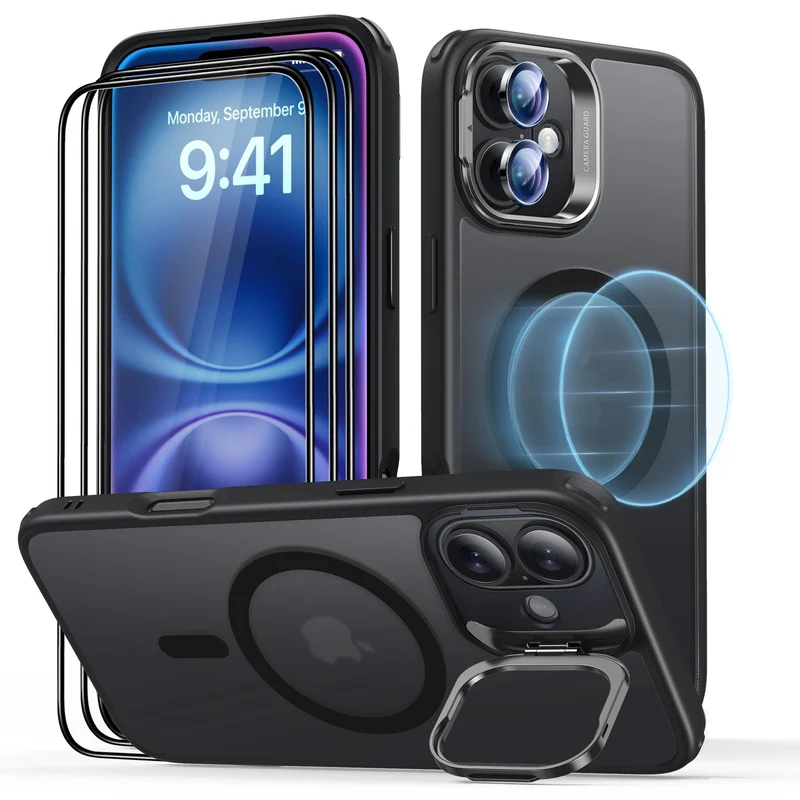 iPhone 16 Plus Classic Hybrid with Stash Stand Protection Bundle - Frosted Black