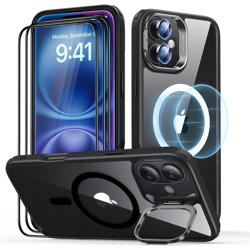 iPhone 16 Plus Classic Hybrid with Stash Stand Protection Bundle - Clear Black