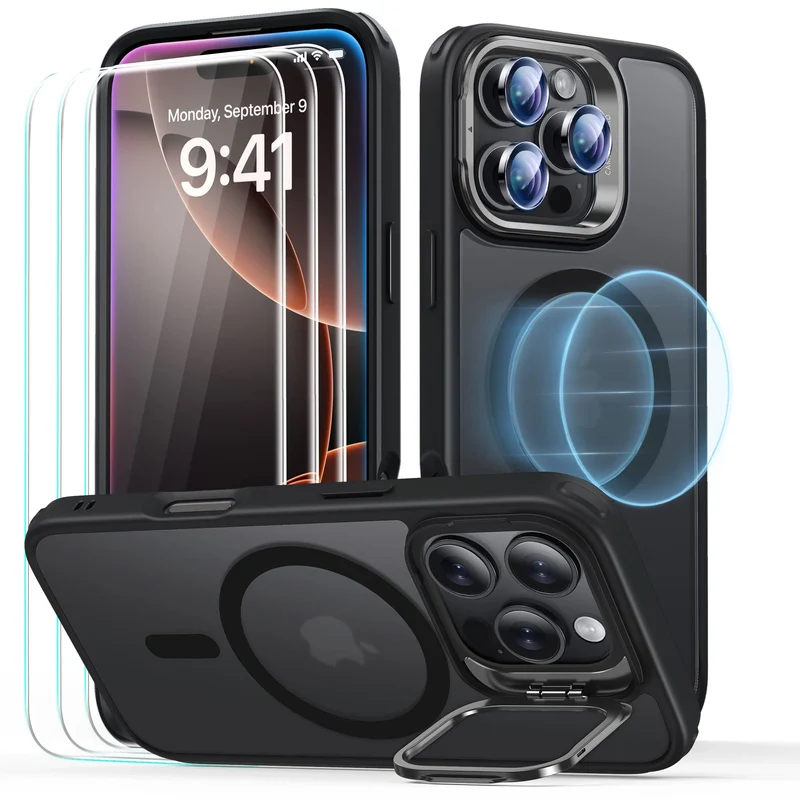 iPhone 16 Pro Classic Hybrid with Stash Stand Protection Bundle - Frosted Black