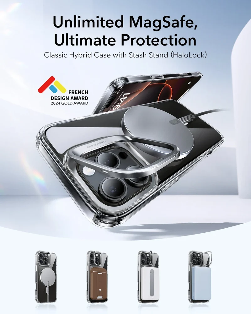 iPhone 16 Pro Max Classic Hybrid Case with Stash Stand (HaloLock) - Clear
