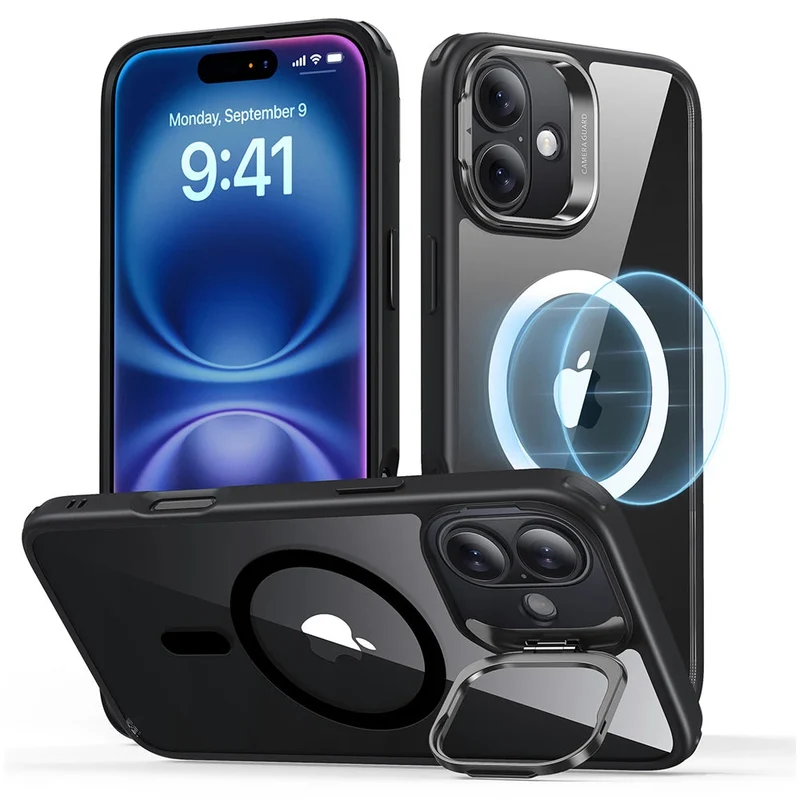 iPhone 16 Plus Classic Hybrid Case with Stash Stand (HaloLock) - Clear Black