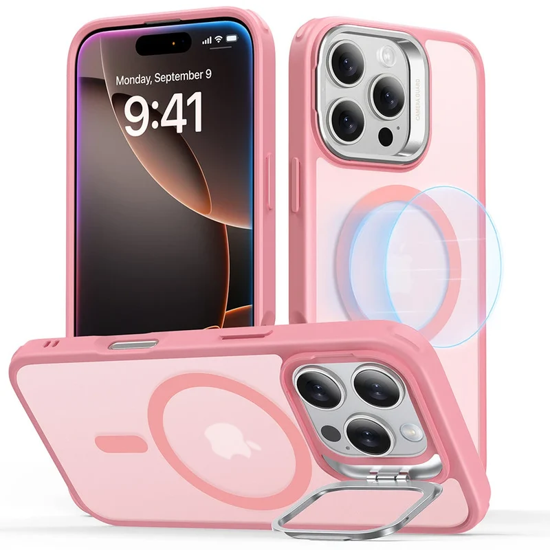 iPhone 16 Pro Classic Hybrid Case with Stash Stand (HaloLock) - Frosted Pink