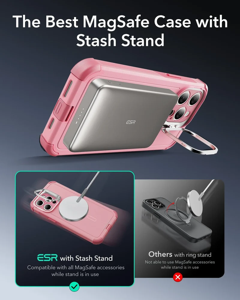 iPhone 15 Pro Max Cyber Tough Case with Stash Stand (HaloLock) - Pink