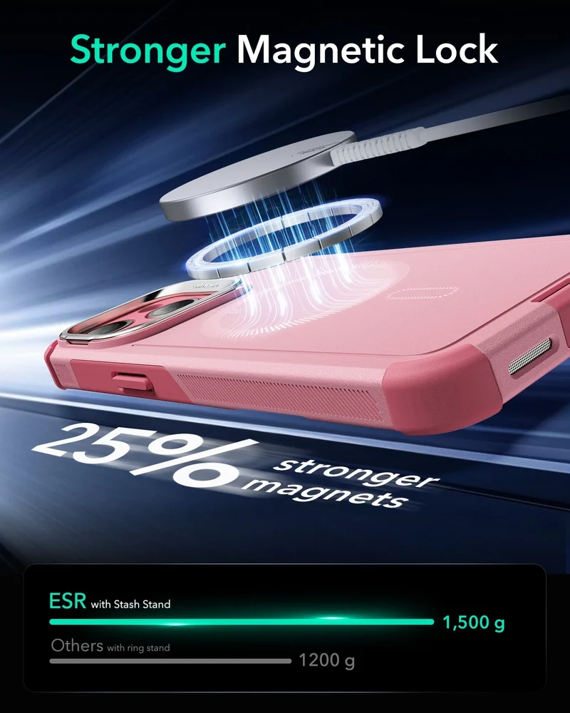 iPhone 15 Pro Max Cyber Tough Case with Stash Stand (HaloLock) - Pink