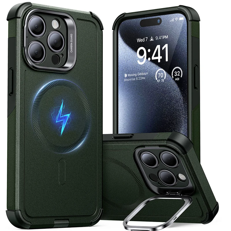 iPhone 15 Pro Max Cyber Tough Case with Stash Stand (HaloLock) - Dark Green