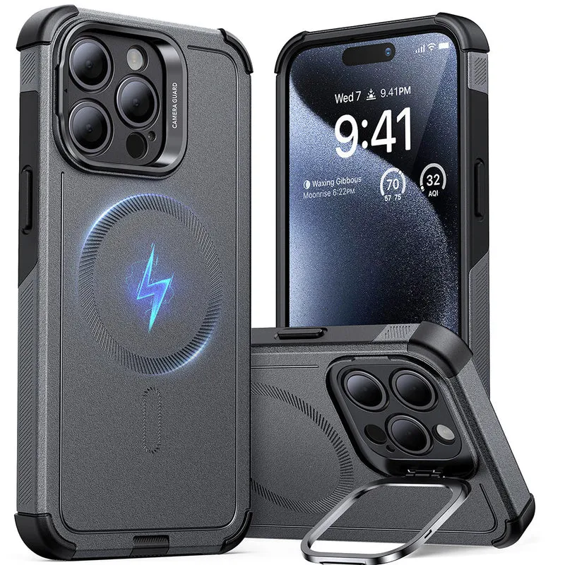iPhone 15 Pro Max Cyber Tough Case with Stash Stand (HaloLock) - Titanium