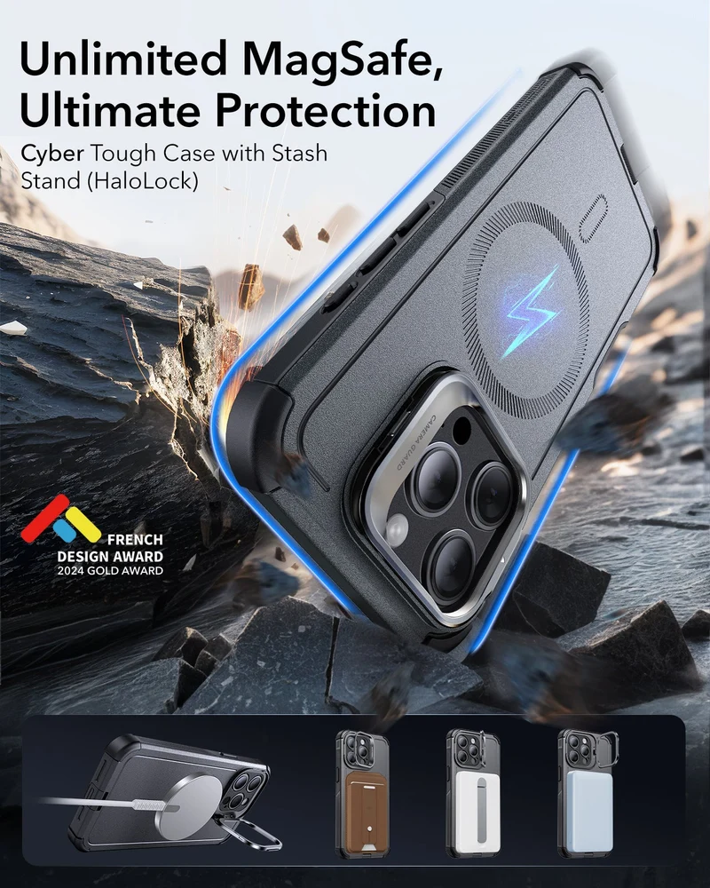 iPhone 15 Pro Max Cyber Tough Case with Stash Stand (HaloLock) - Titanium