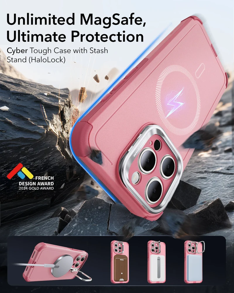 iPhone 15 Pro Cyber Tough Case with Stash Stand (HaloLock) - Pink