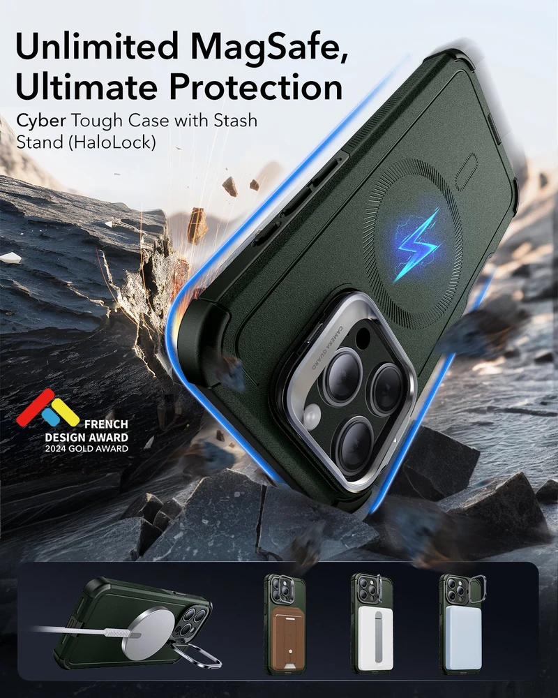 iPhone 15 Pro Cyber Tough Case with Stash Stand (HaloLock) - Dark Green