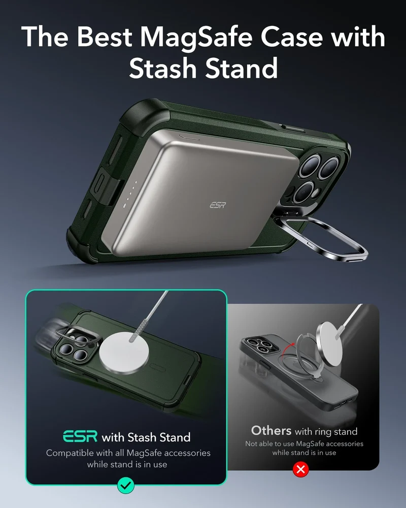 iPhone 15 Pro Cyber Tough Case with Stash Stand (HaloLock) - Dark Green