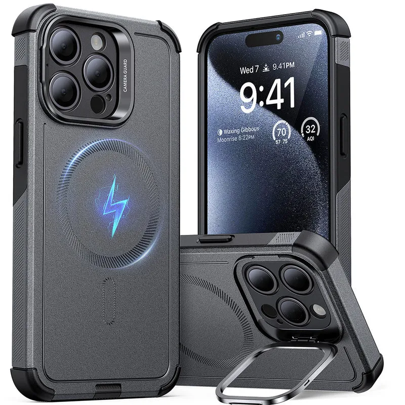 iPhone 15 Pro Cyber Tough Case with Stash Stand (HaloLock) - Titanium