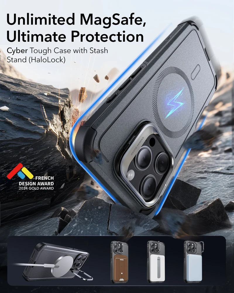 iPhone 15 Pro Cyber Tough Case with Stash Stand (HaloLock) - Titanium