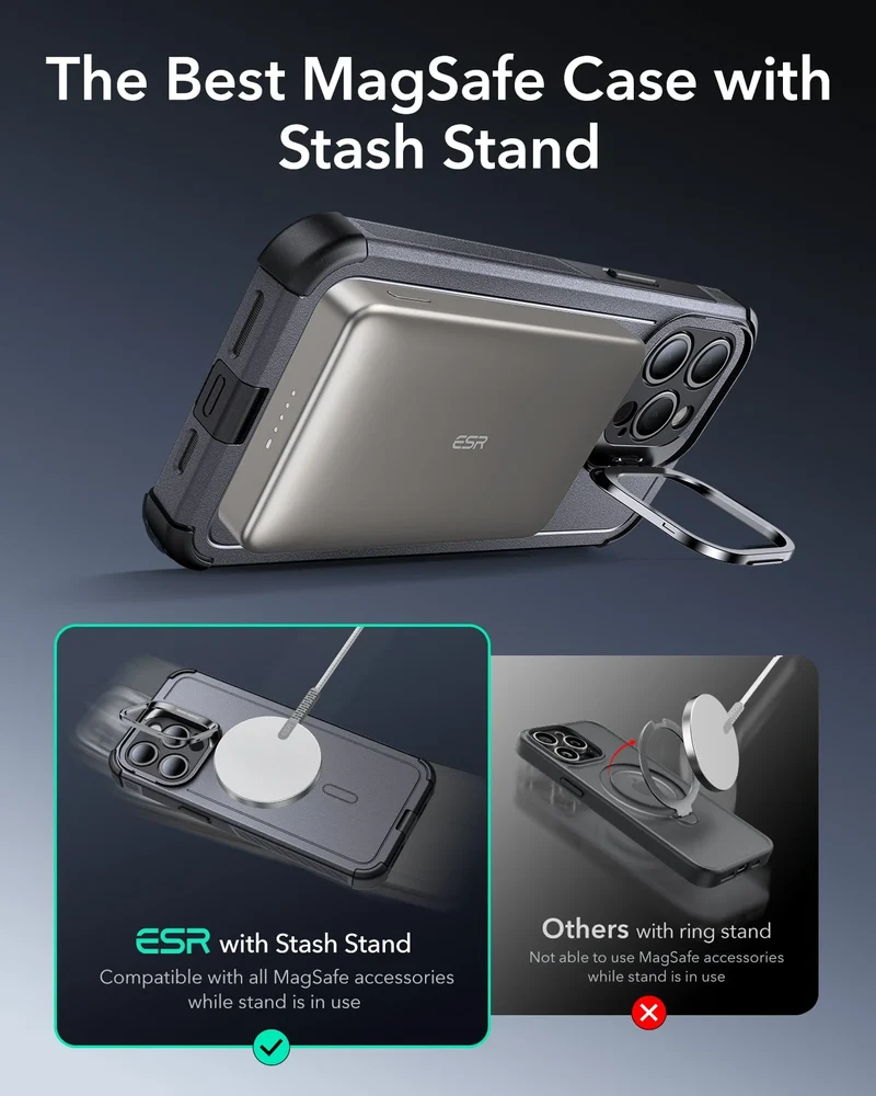 iPhone 15 Pro Cyber Tough Case with Stash Stand (HaloLock) - Titanium