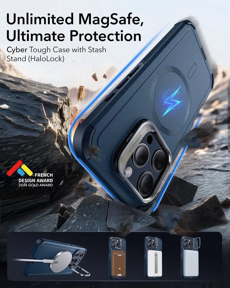 iPhone 15 Pro Cyber Tough Case with Stash Stand (HaloLock) - Dark Blue