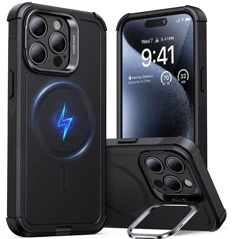iPhone 15 Pro Cyber Tough Case with Stash Stand (HaloLock) - Black