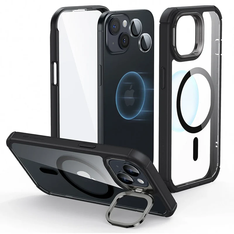 iPhone 15 Armor Tough Case with Stash Stand (HaloLock) - Clear Dark Blue