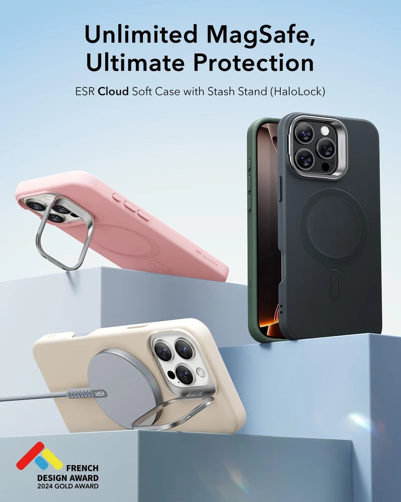 iPhone 16 Pro Max Cloud Soft Case with Stash Stand (HaloLock) - Black